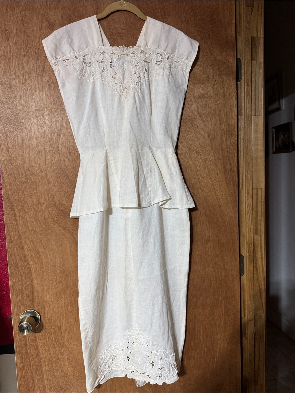 Vintage Moon Glow White Ramie Embroidered Peplum Midi Dress Size M (mlb)